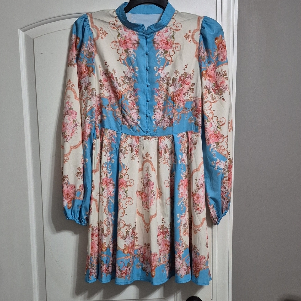 Floral Blue and Cream Midi Dress